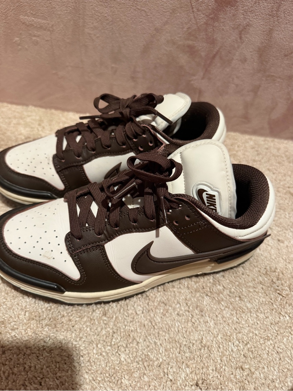 Nike Men’s White and Brown Low-Top Sneakers with Dark Brown Swoosh